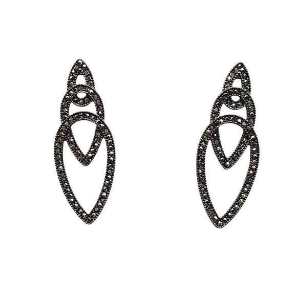 Black Crystal Drop Earrings With Silver Tone Finish Vintage 1990s - Picture 1 of 5